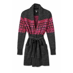 Eddie Bauer Women Small Pink Fair Isle Belted Cardigan Sweater Coat Wool Blend